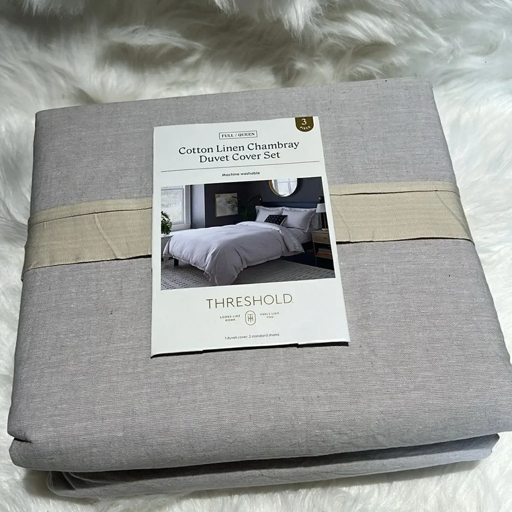 Full/Queen Cotton Linen Chambray Duvet Cover & Sham Set Light Gray - Threshold‎